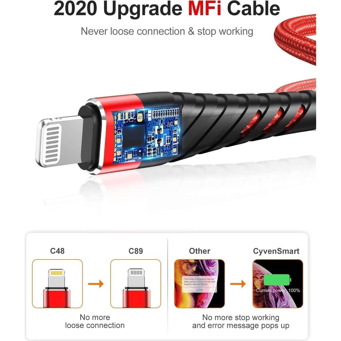Cable Lightning 3 pies CyvenSmart MFi Rojo - Carga Rápida