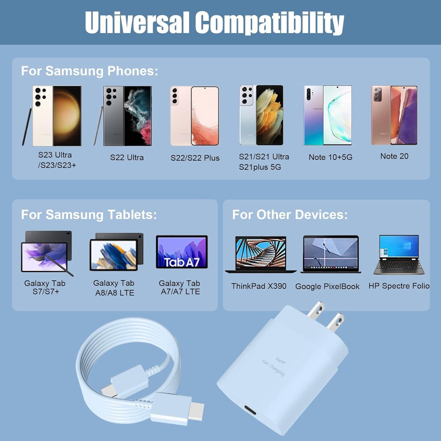 Cargador Rápido 25W Samsung Tipo C + Cable 10FT Azul