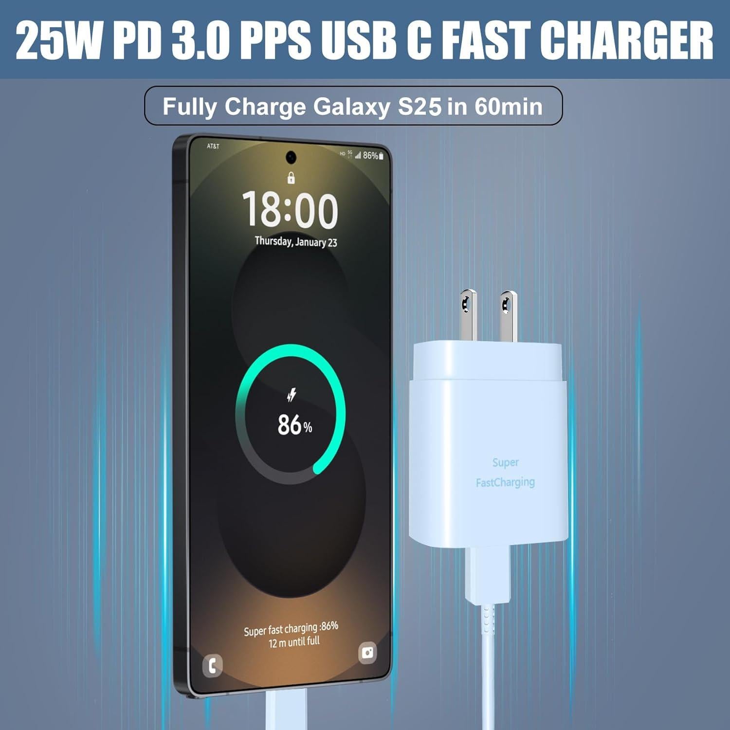 Cargador Rápido Samsung 25W Tipo C + Cable 2m Azul