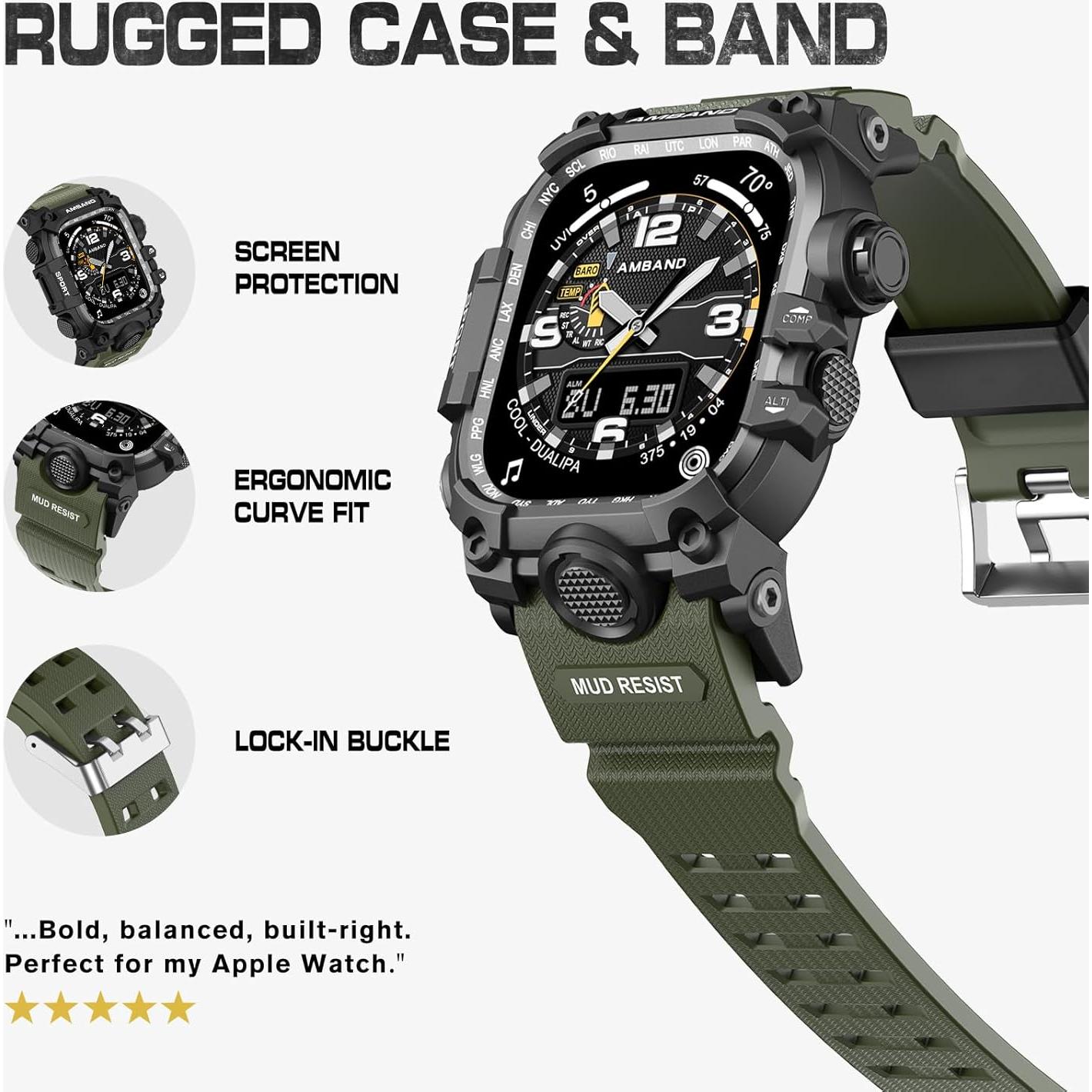 Banda y Funda amBand 44mm para Apple Watch SE2/SE/6/5/4 Verde Militar