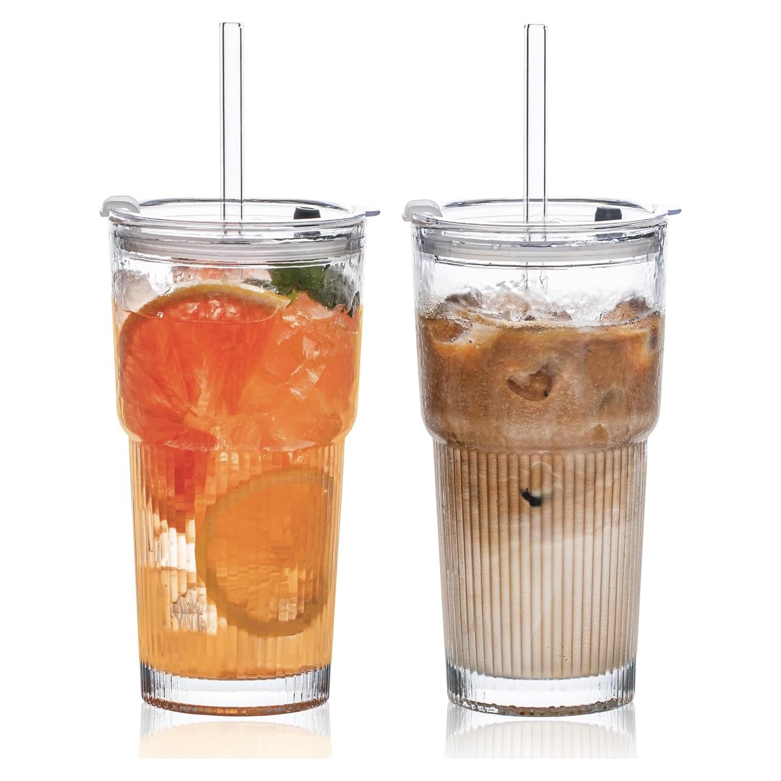 Juego de 2 Tazas de Vidrio 20oz SoulTimes con Tapas y Popotes