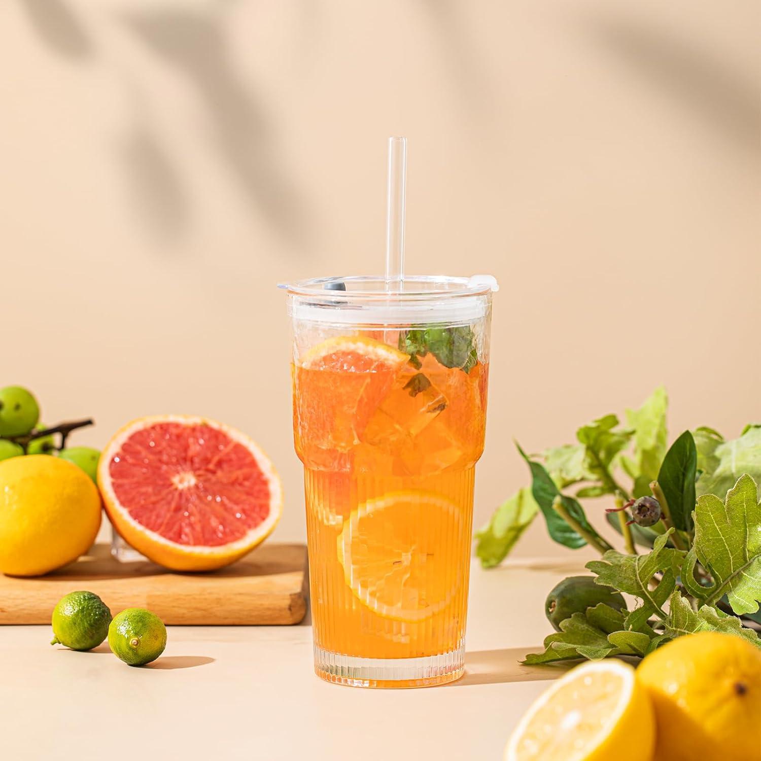 Juego de 2 Tazas de Vidrio 20oz SoulTimes con Tapas y Popotes