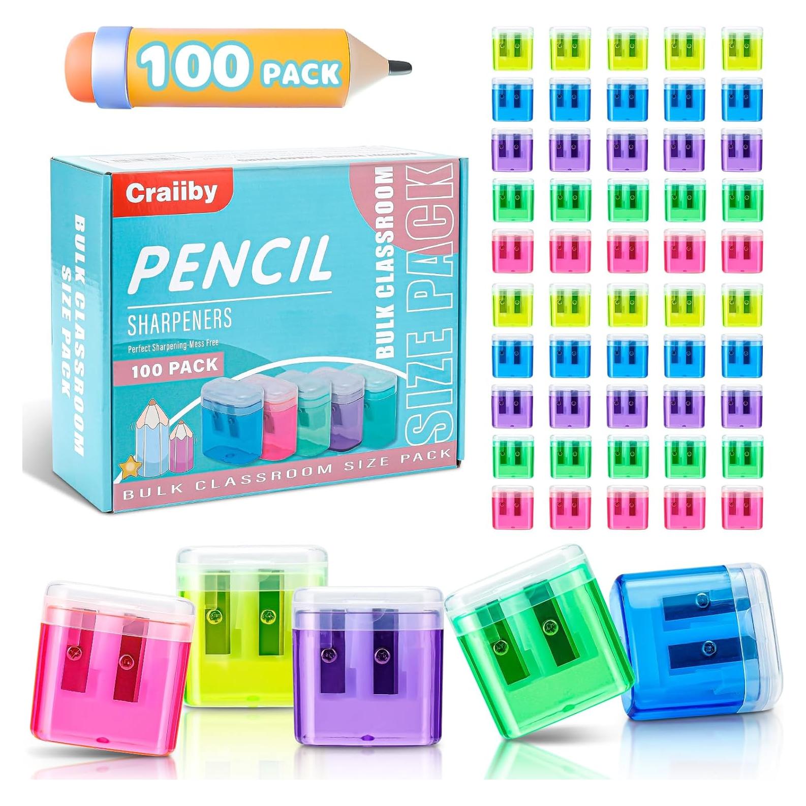 Paquete de 100 Sacapuntas Craiiby Doble Agujero Multicolor