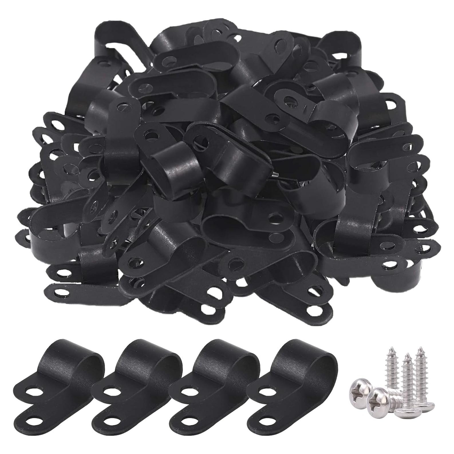 Kit 120 Clips de Cable Nylon Negro Glarks Tipo R 13mm con Tornillos
