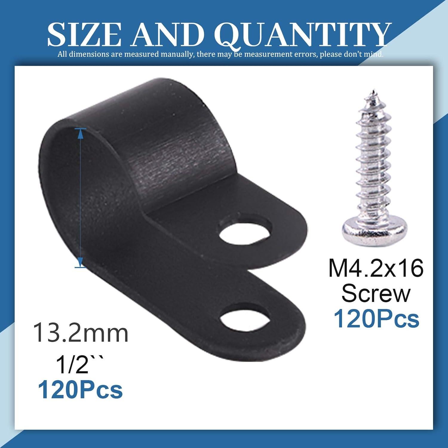 Kit 120 Clips de Cable Nylon Negro Glarks Tipo R 13mm con Tornillos