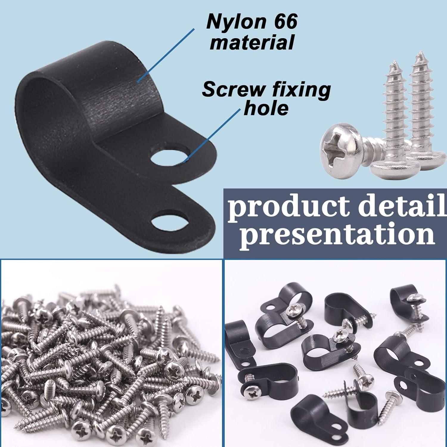 Kit 120 Clips de Cable Nylon Negro Glarks Tipo R 13mm con Tornillos