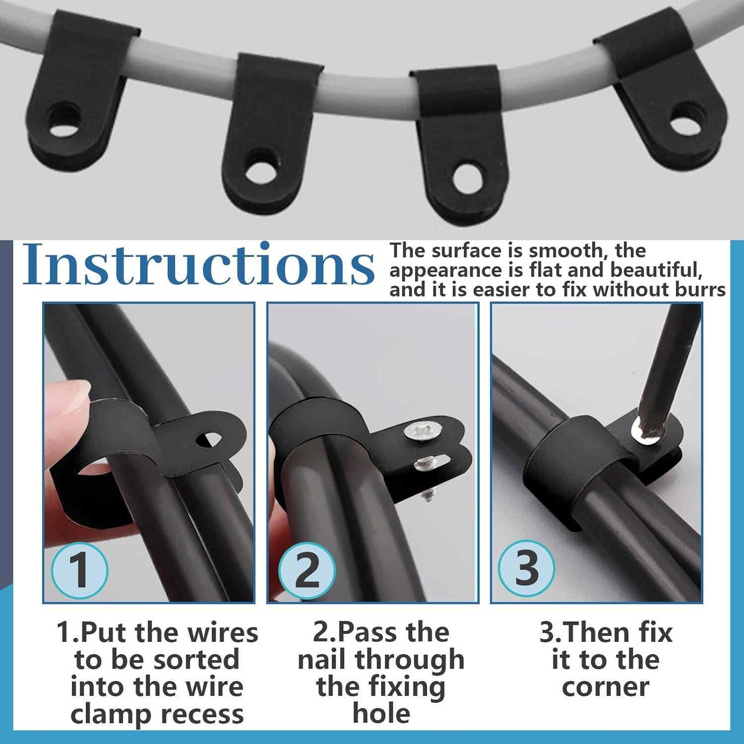 Kit 120 Clips de Cable Nylon Negro Glarks Tipo R 13mm con Tornillos