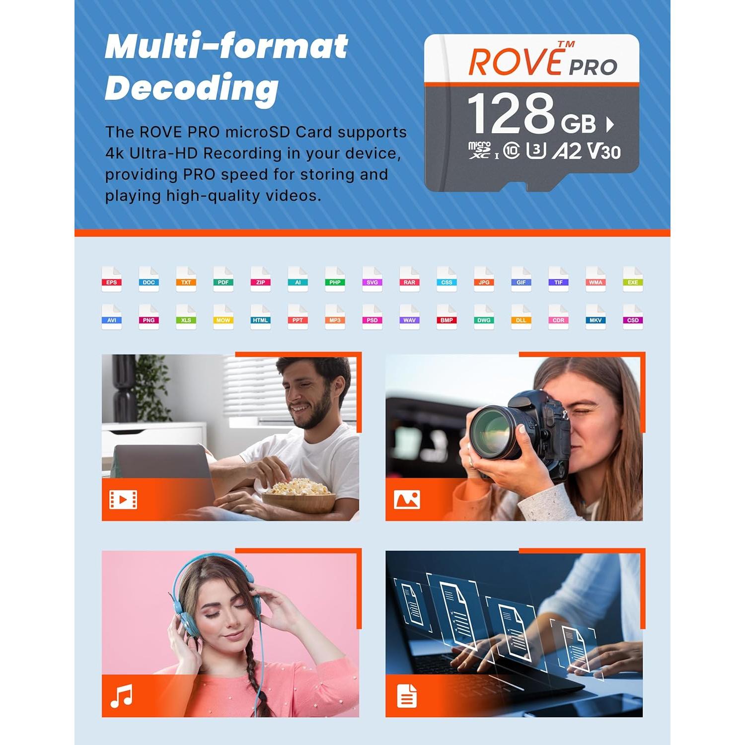 Tarjeta Micro SD ROVE PRO 128GB C10 U3 V30 100MB/s