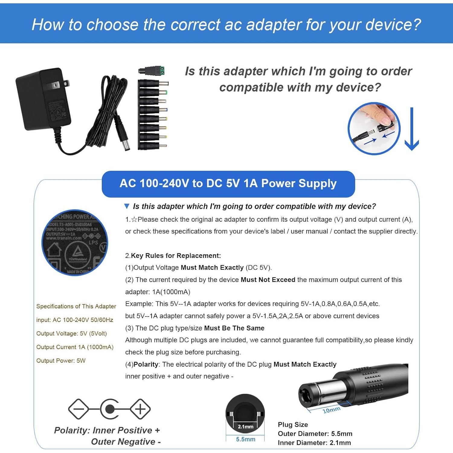 Cargador de pared 5V 1A TRYTHINK con 9 enchufes intercambiables