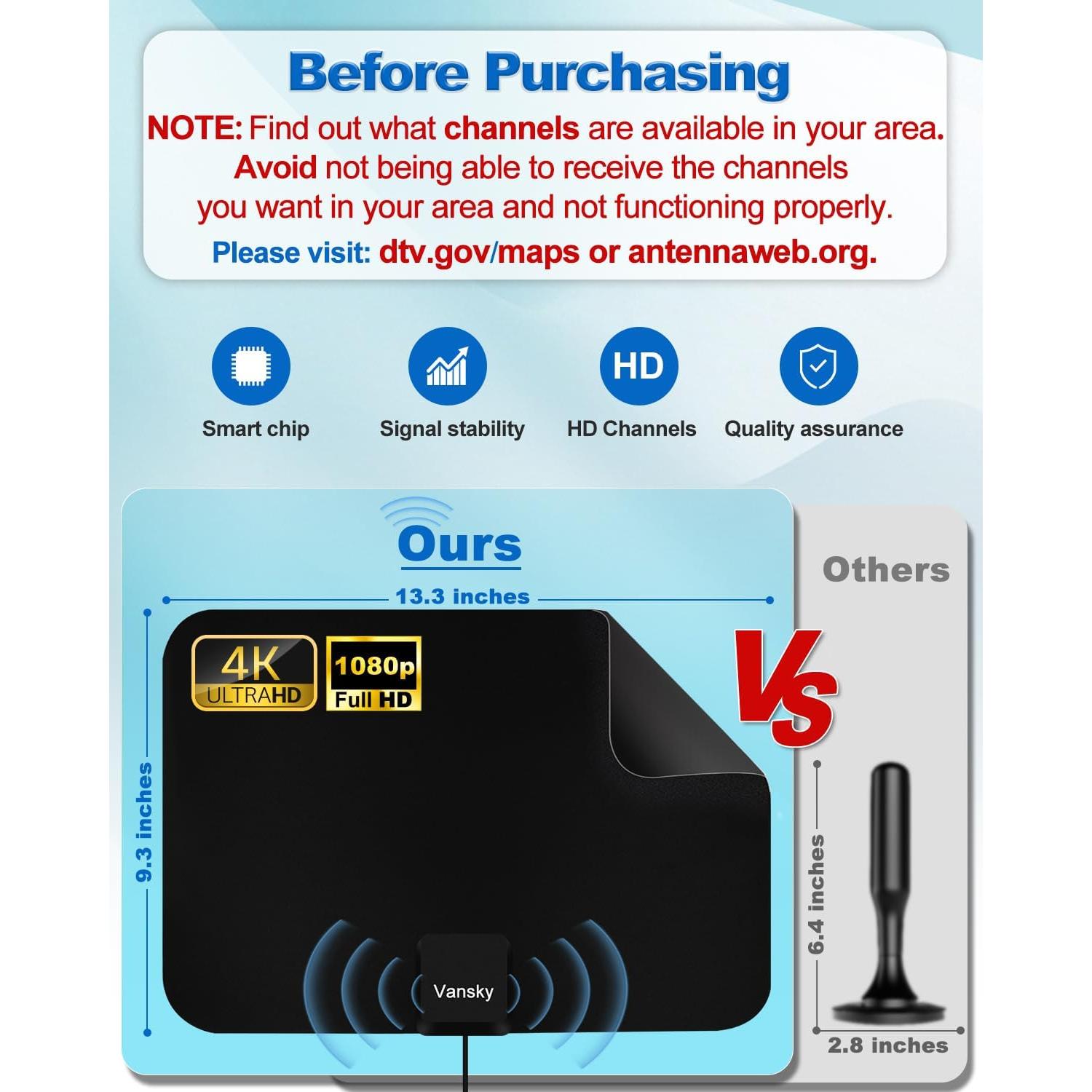 Antena de TV Interior Vansky VS-TX01 Amplificada 1080p 5m