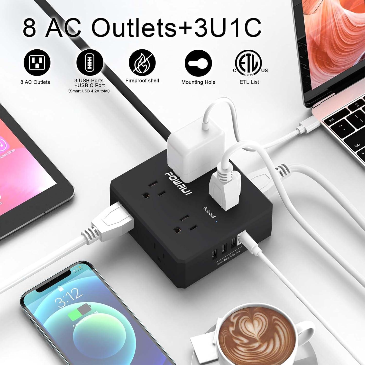 Regleta de Protección POWRUI AHR-803B 8 Salidas 4 USB 1.83m