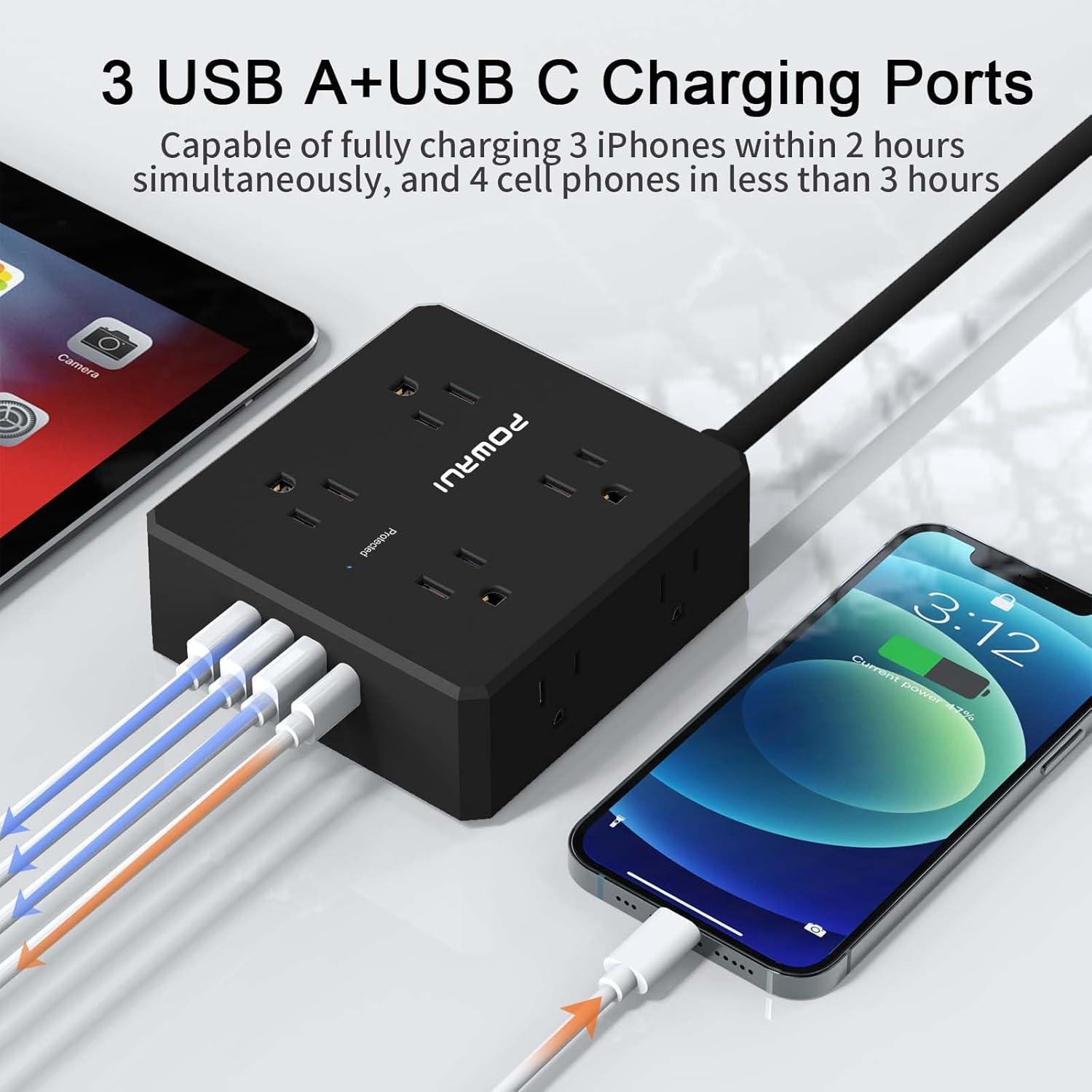 Regleta de Protección POWRUI AHR-803B 8 Salidas 4 USB 1.83m