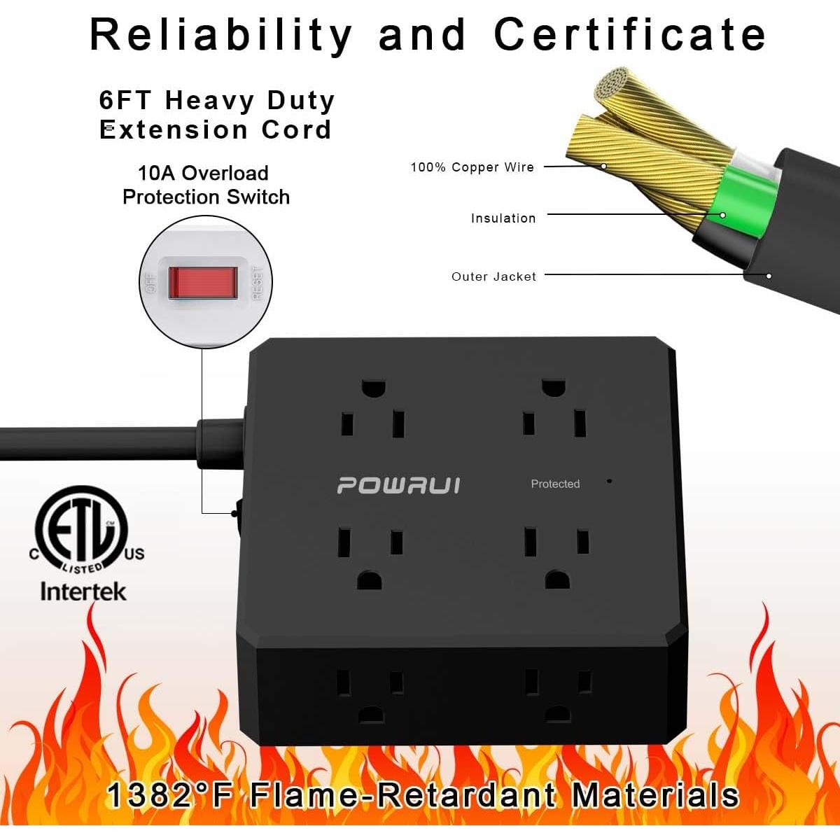 Regleta de Protección POWRUI AHR-803B 8 Salidas 4 USB 1.83m