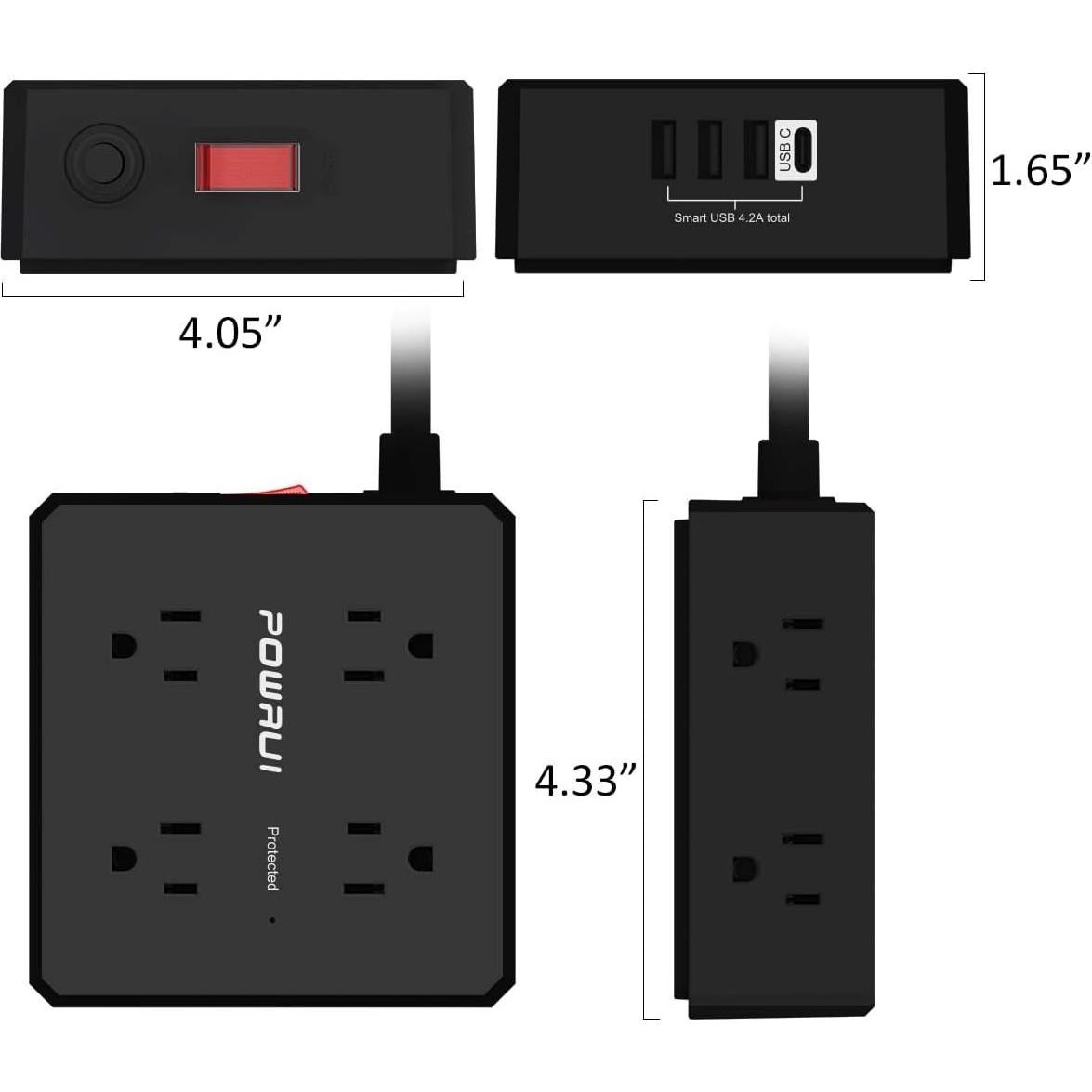 Regleta de Protección POWRUI AHR-803B 8 Salidas 4 USB 1.83m