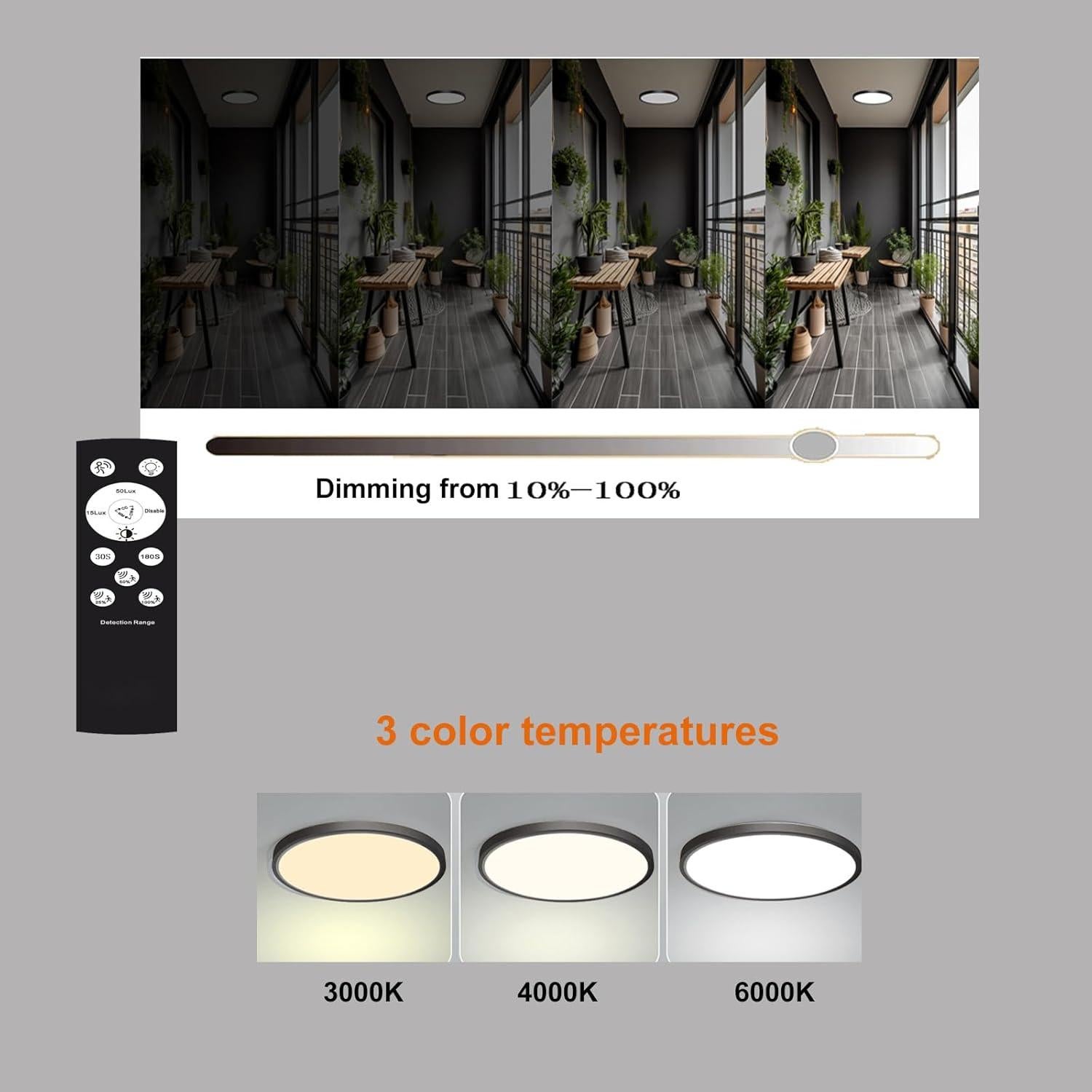 Luz de Techo con Sensor de Movimiento ZSYUBO 17.78cm Negra