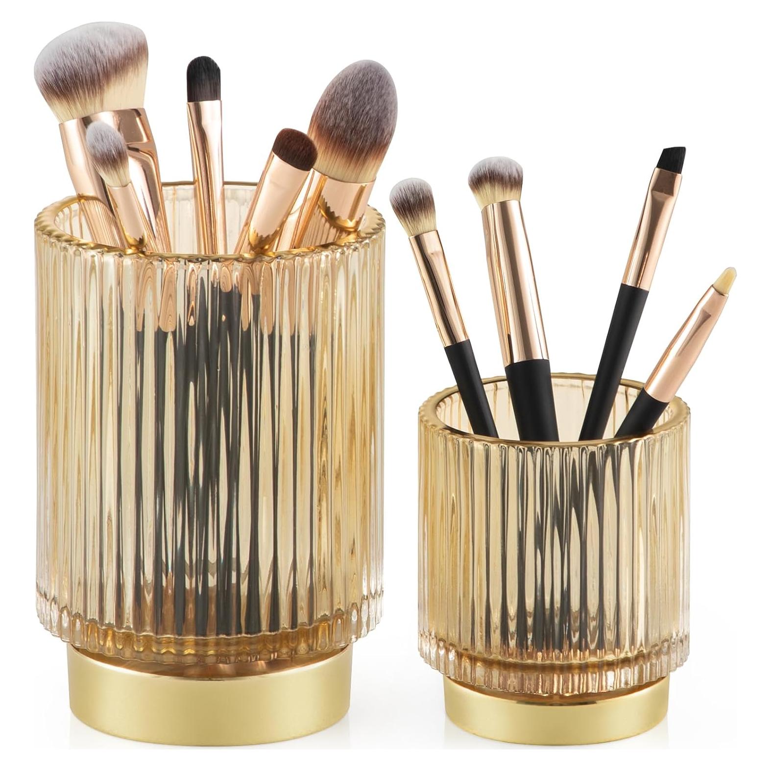 Soporte para Brochas de Maquillaje CANITORON 2 Piezas Vidrio Ámbar