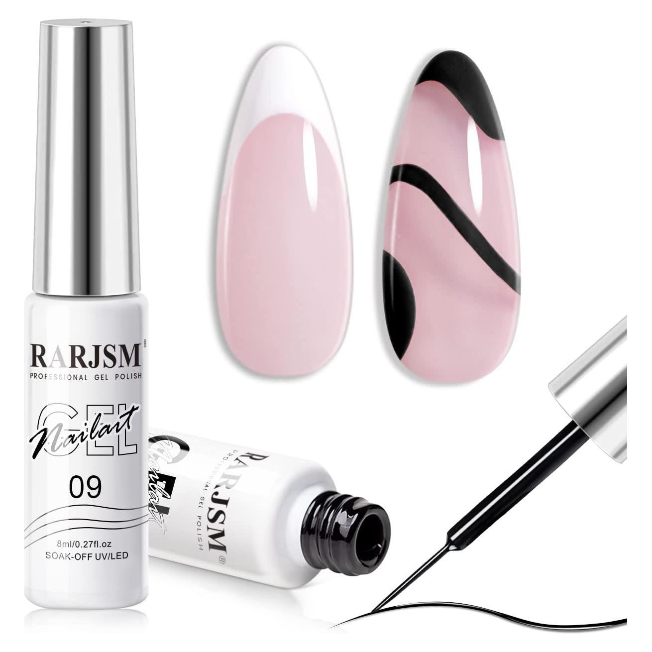 Set de Gel de Uñas RARJSM Negro y Blanco 8ml con Pincel Delgado