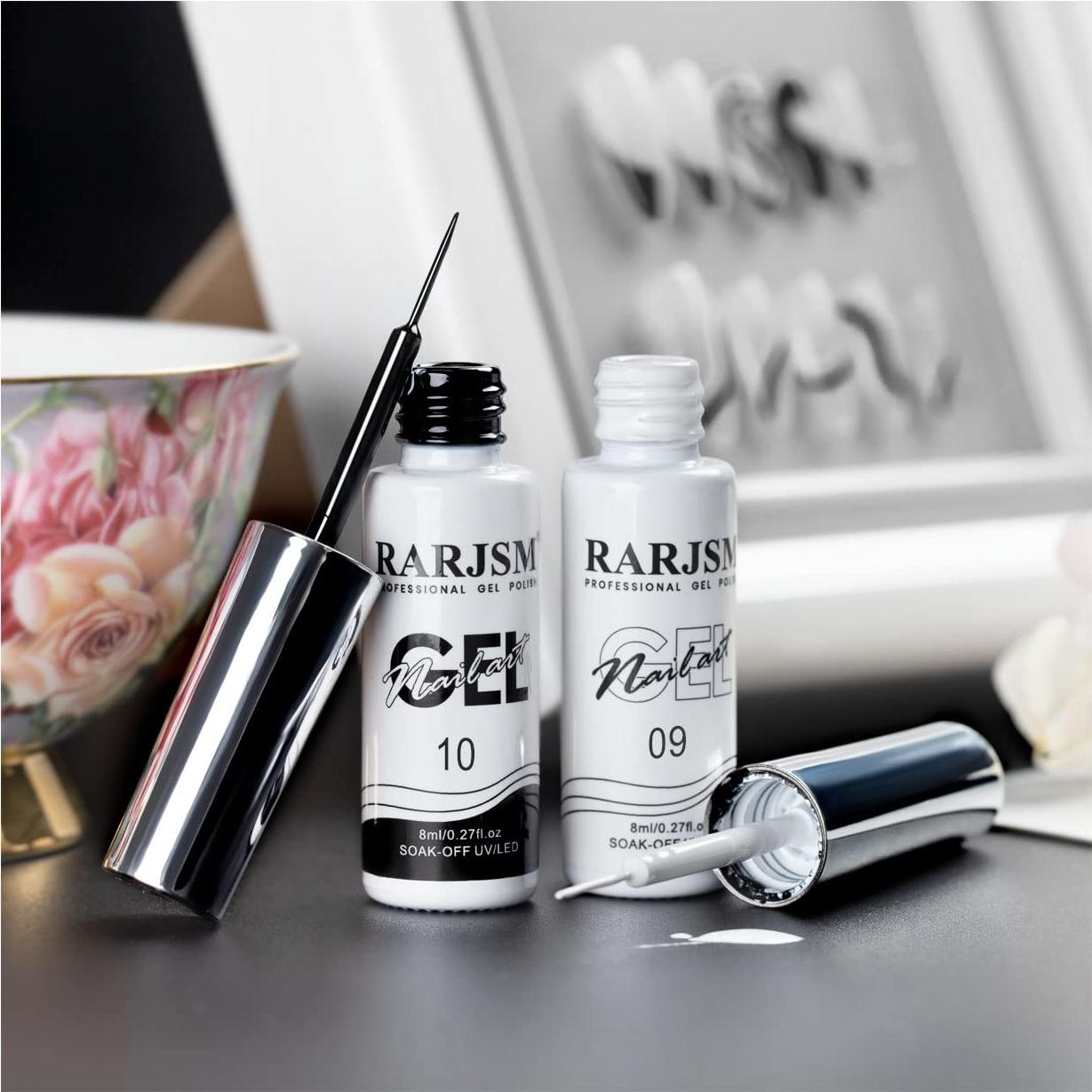 Set de Gel de Uñas RARJSM Negro y Blanco 8ml con Pincel Delgado