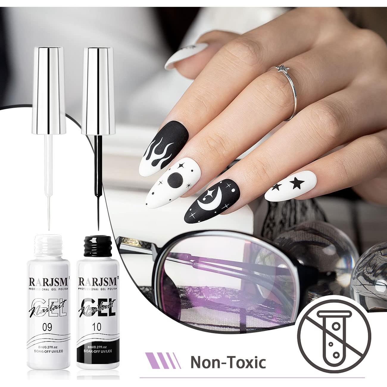 Set de Gel de Uñas RARJSM Negro y Blanco 8ml con Pincel Delgado