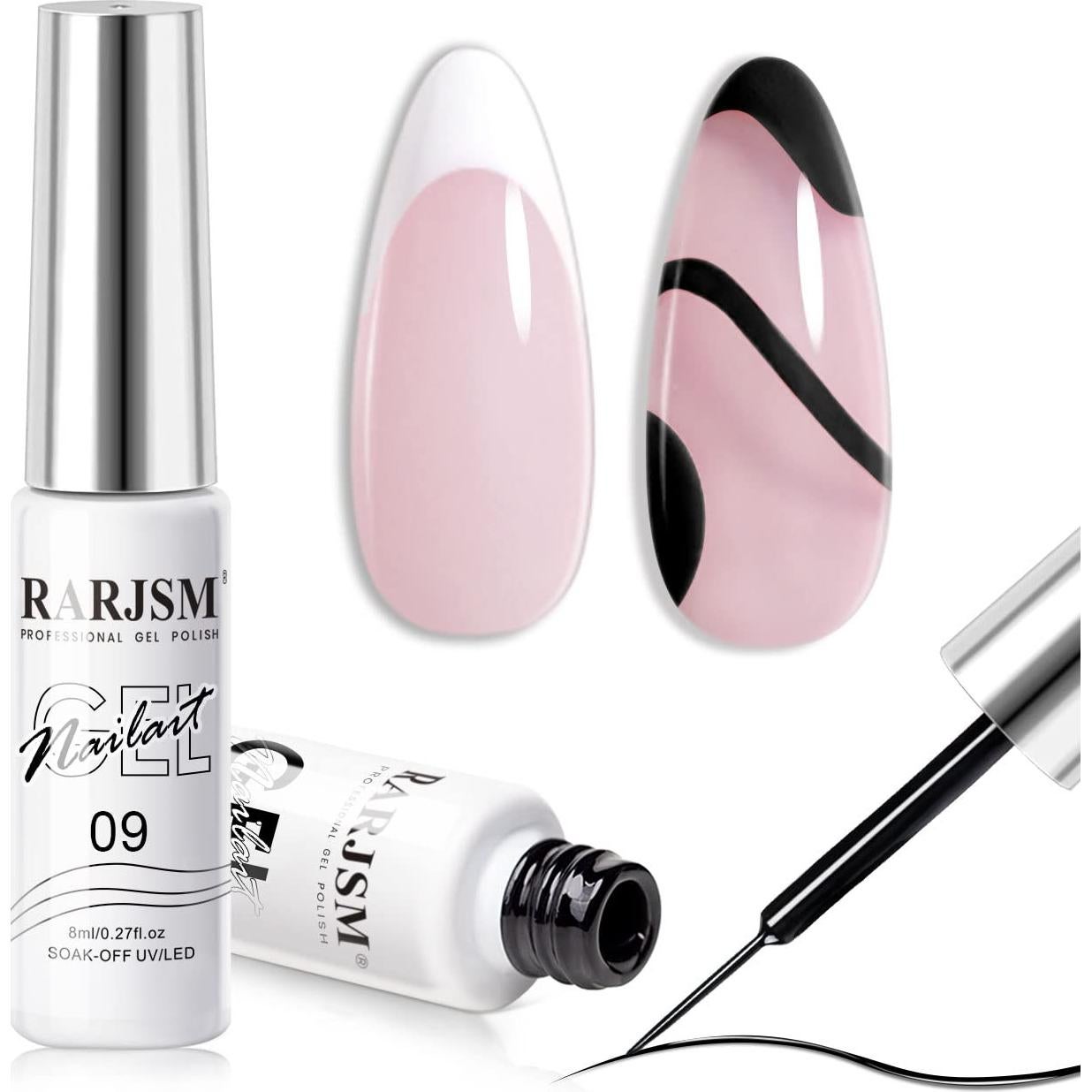 Set de Gel de Uñas RARJSM Negro y Blanco 8ml con Pincel Delgado