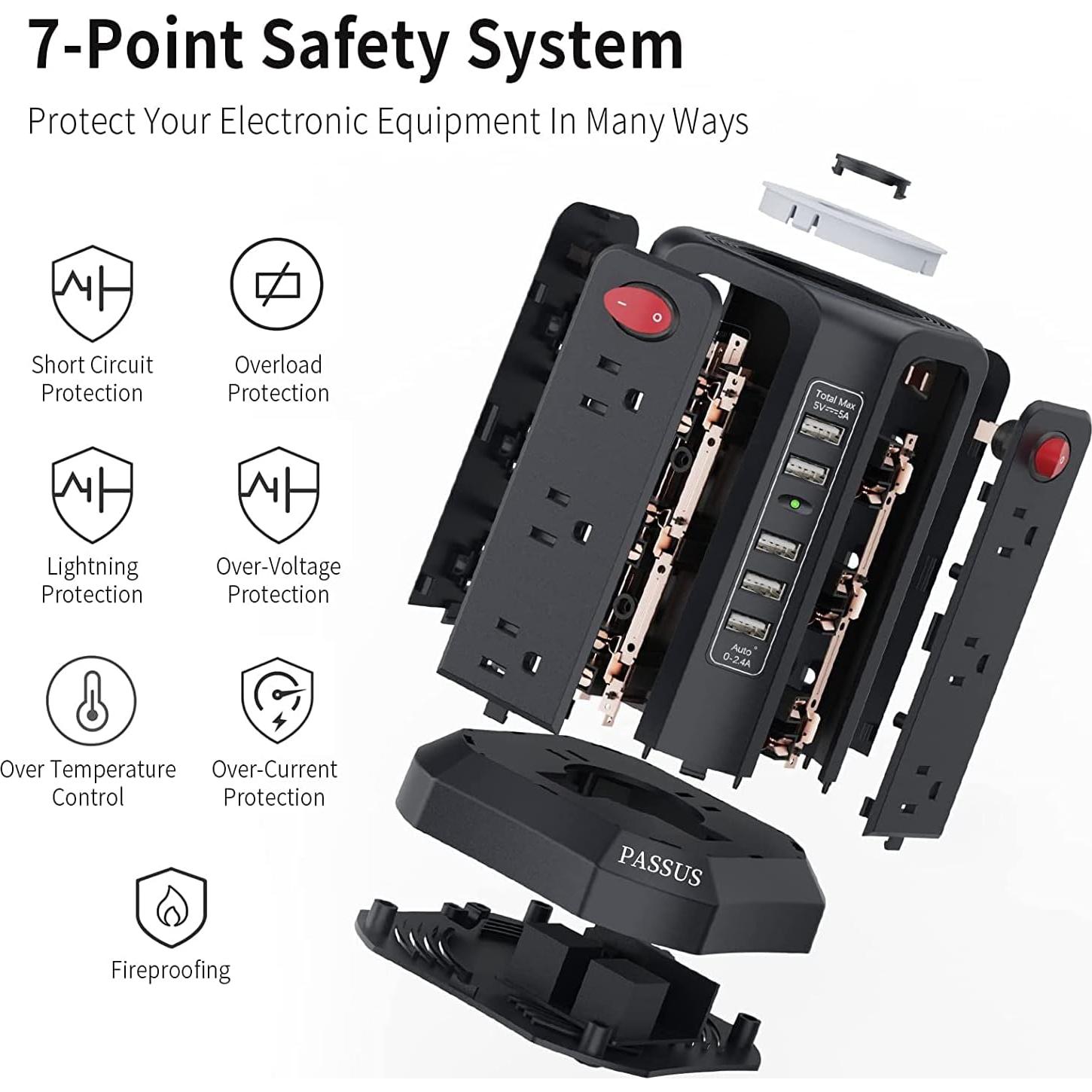 Torre de Regleta de Sobretensión PASSUS 12 Salidas AC 5 USB 10FT
