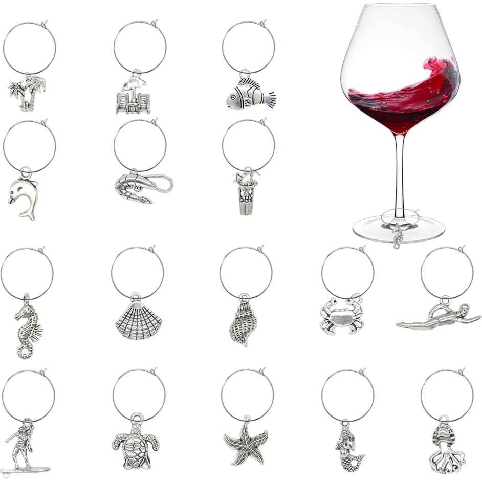 16 Encantos para Copas de Vino - Marcadores de Vidrio Playa