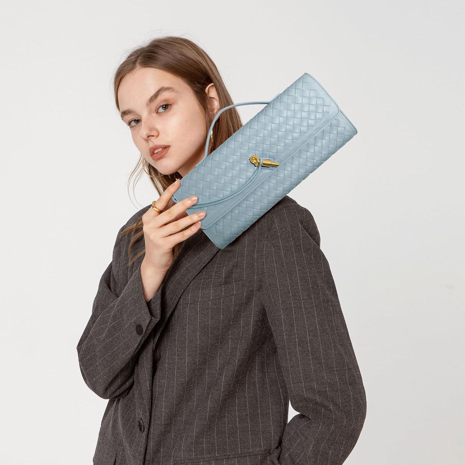 Bolso de Mano Tejido de Cuero PU para Mujeres Azul Claro