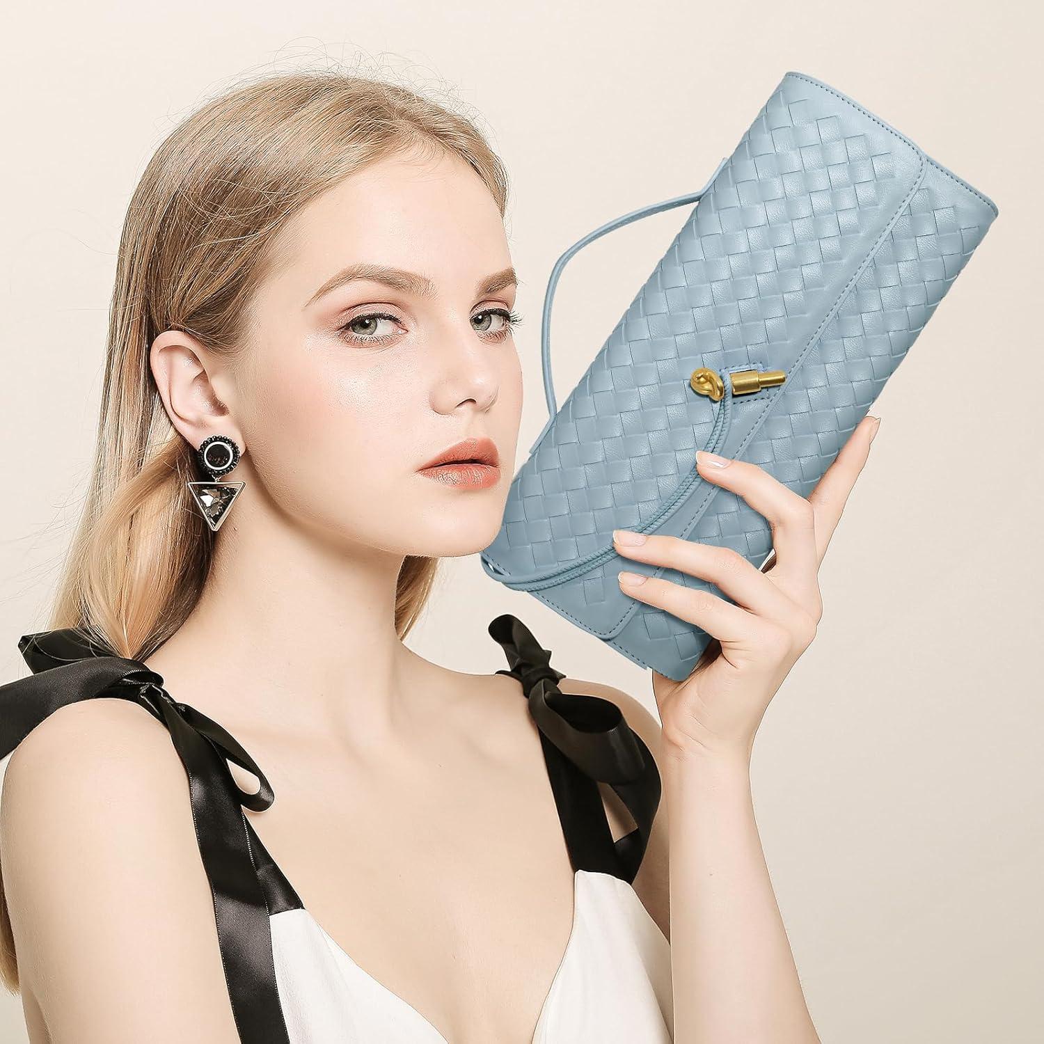 Bolso de Mano Tejido de Cuero PU para Mujeres Azul Claro