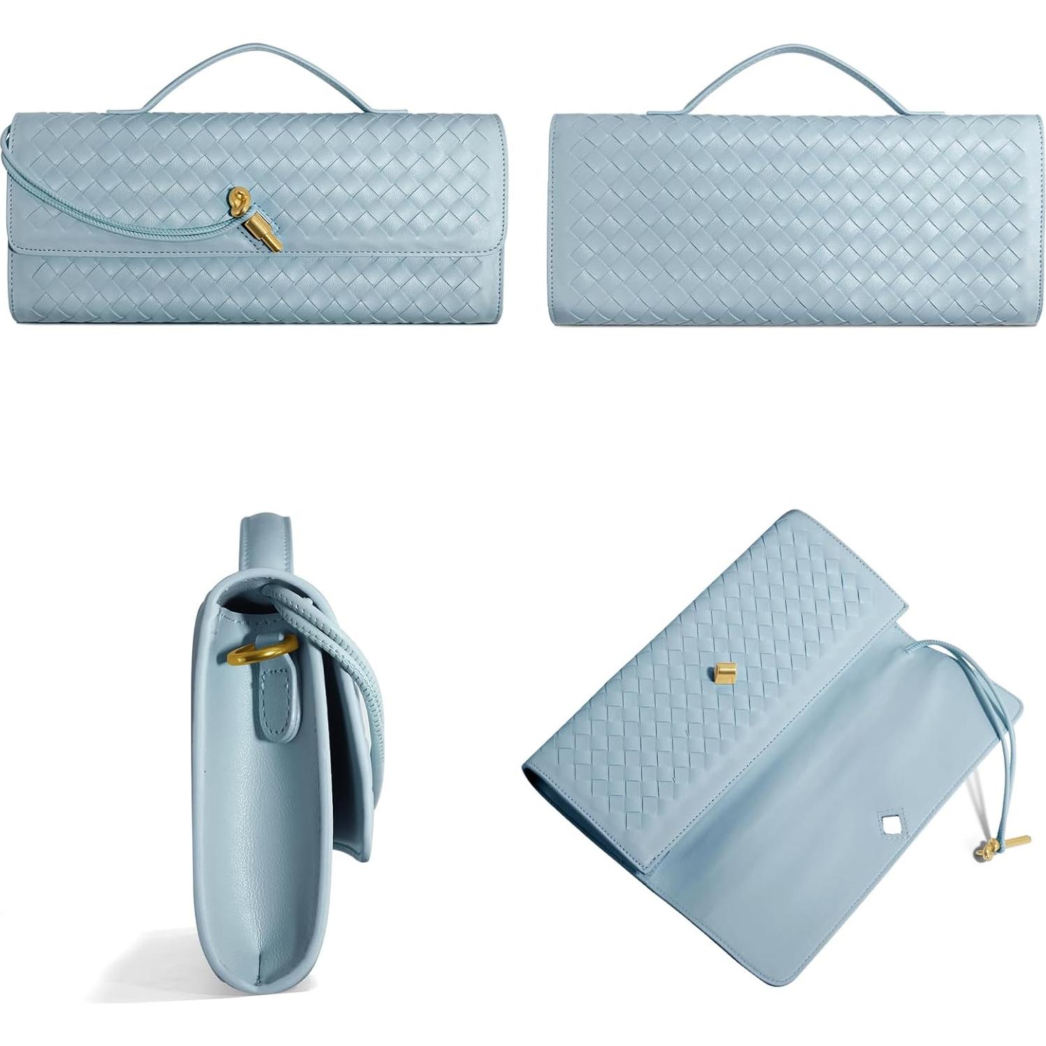 Bolso de Mano Tejido de Cuero PU para Mujeres Azul Claro