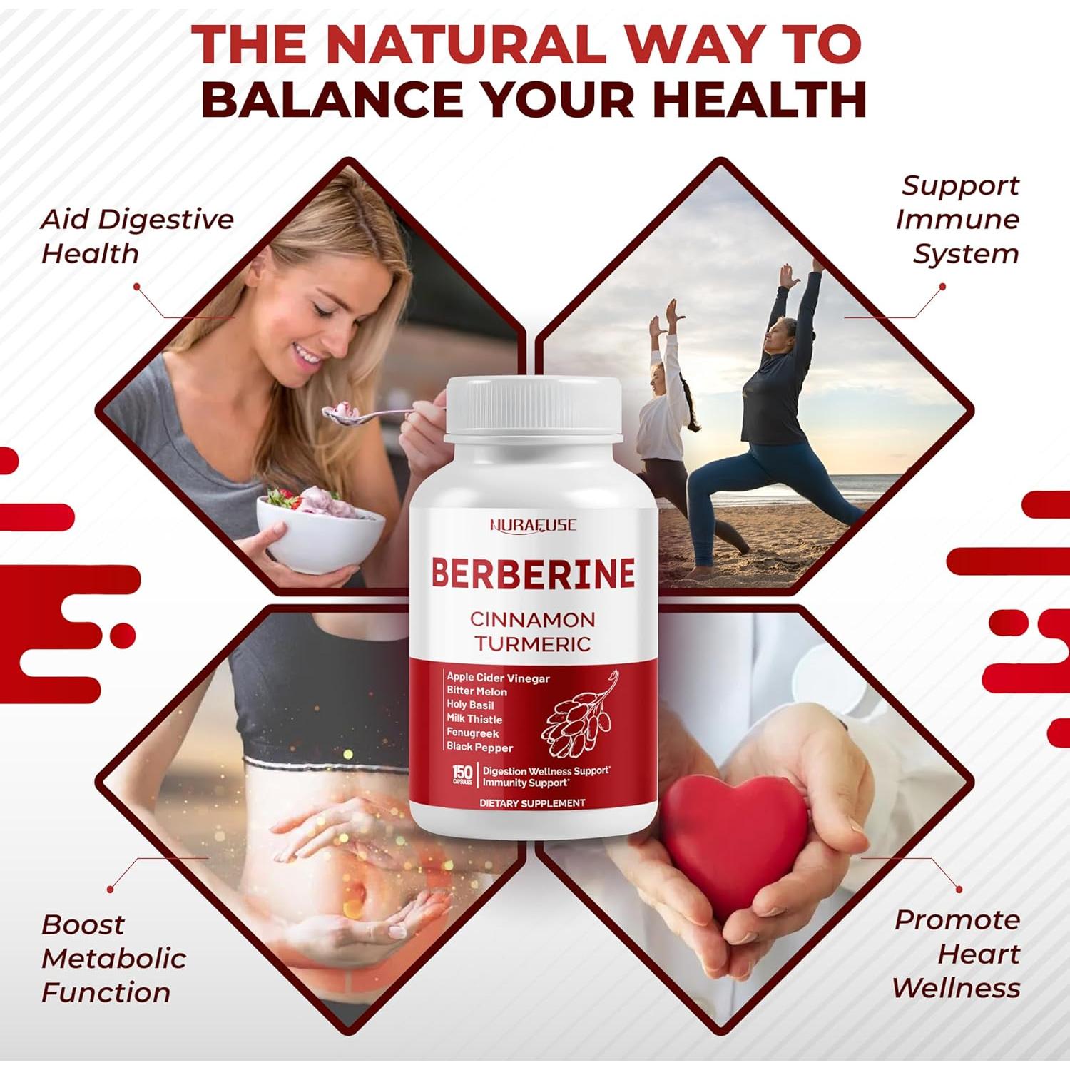 Suplemento de Berberina 150 Cápsulas NURAFUSE 14 Ingredientes Naturales