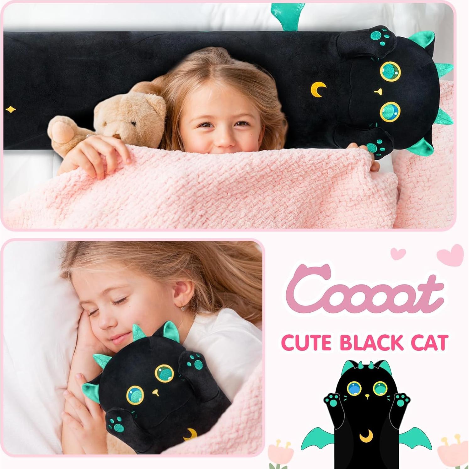 Almohada de Cuerpo de Gato Negro Caaaat 50 cm Suave y Abrazo