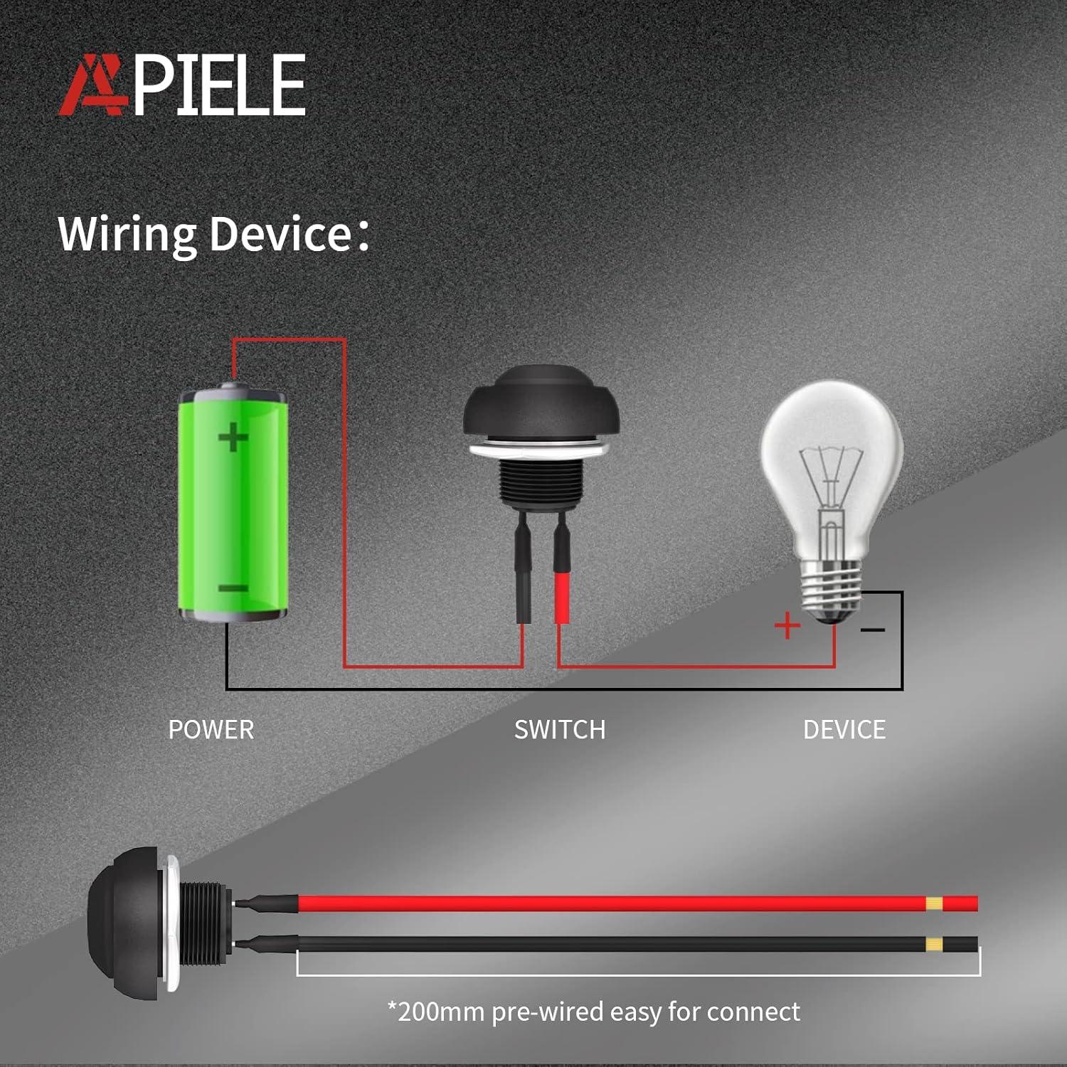 Interruptor Pulsador Momentáneo APIELE 12mm 6 Pcs Negro