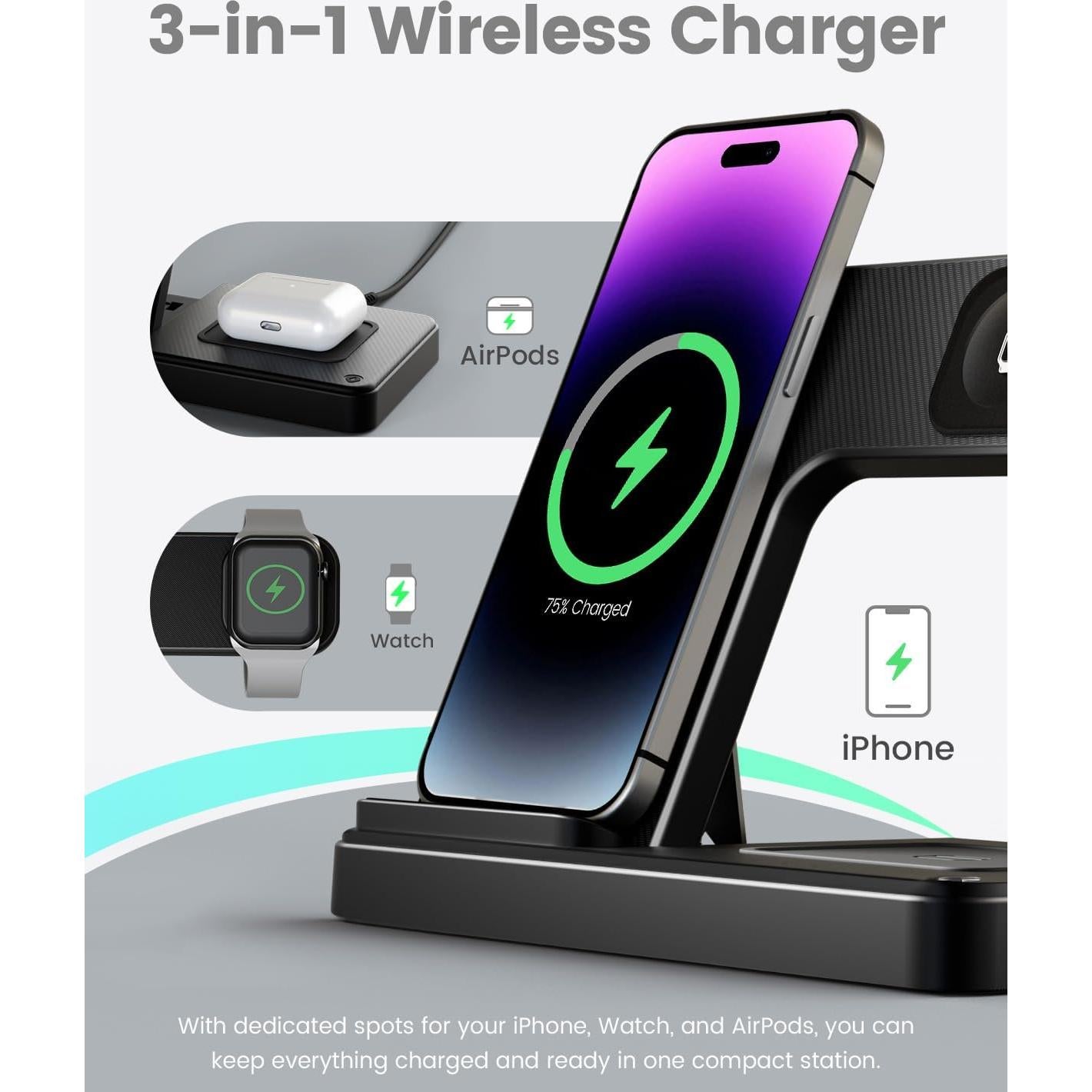 Estación de Carga Inalámbrica GETPALS W336 3 en 1 para iPhone