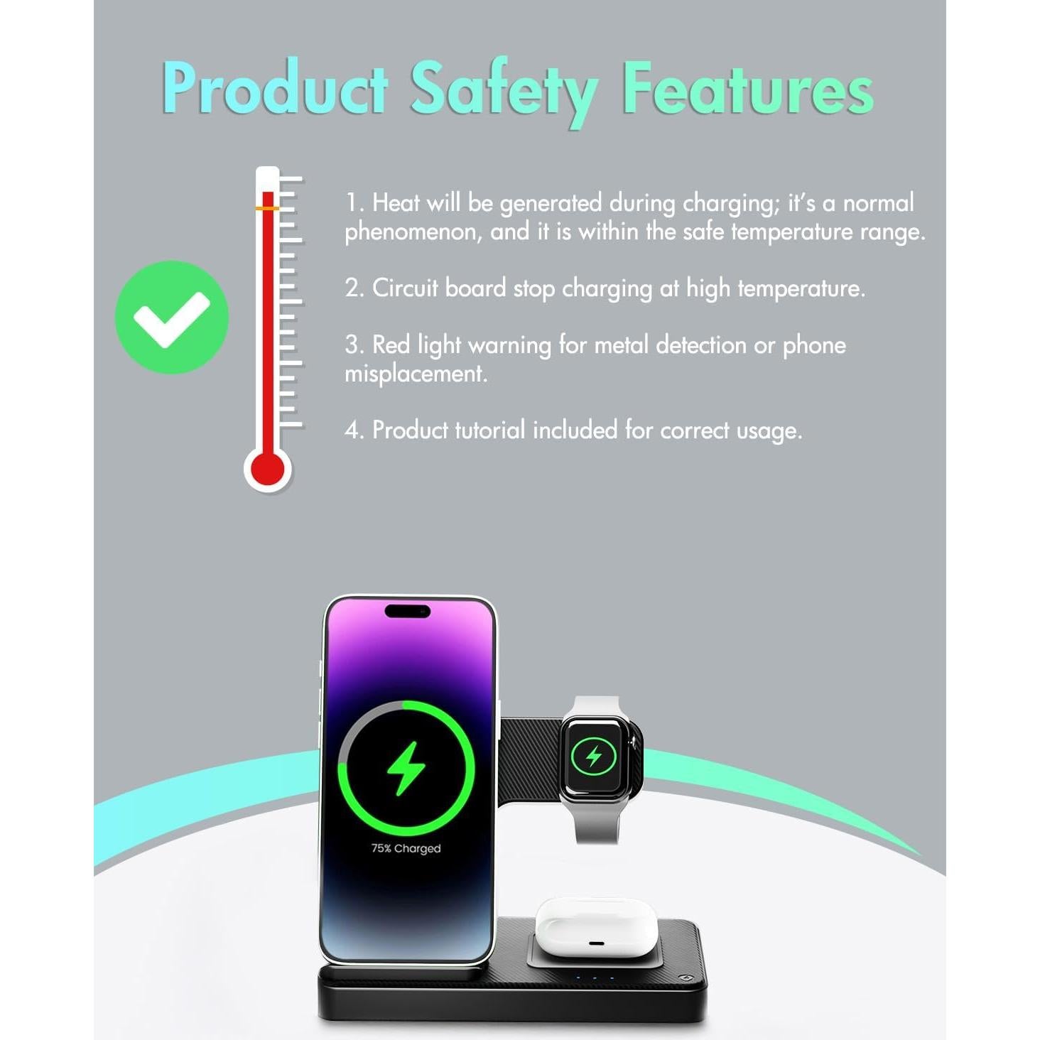 Estación de Carga Inalámbrica GETPALS W336 3 en 1 para iPhone