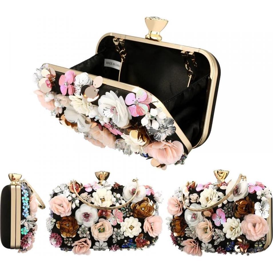 Cartera de Perlas Florales para Mujeres - Gets - Negro