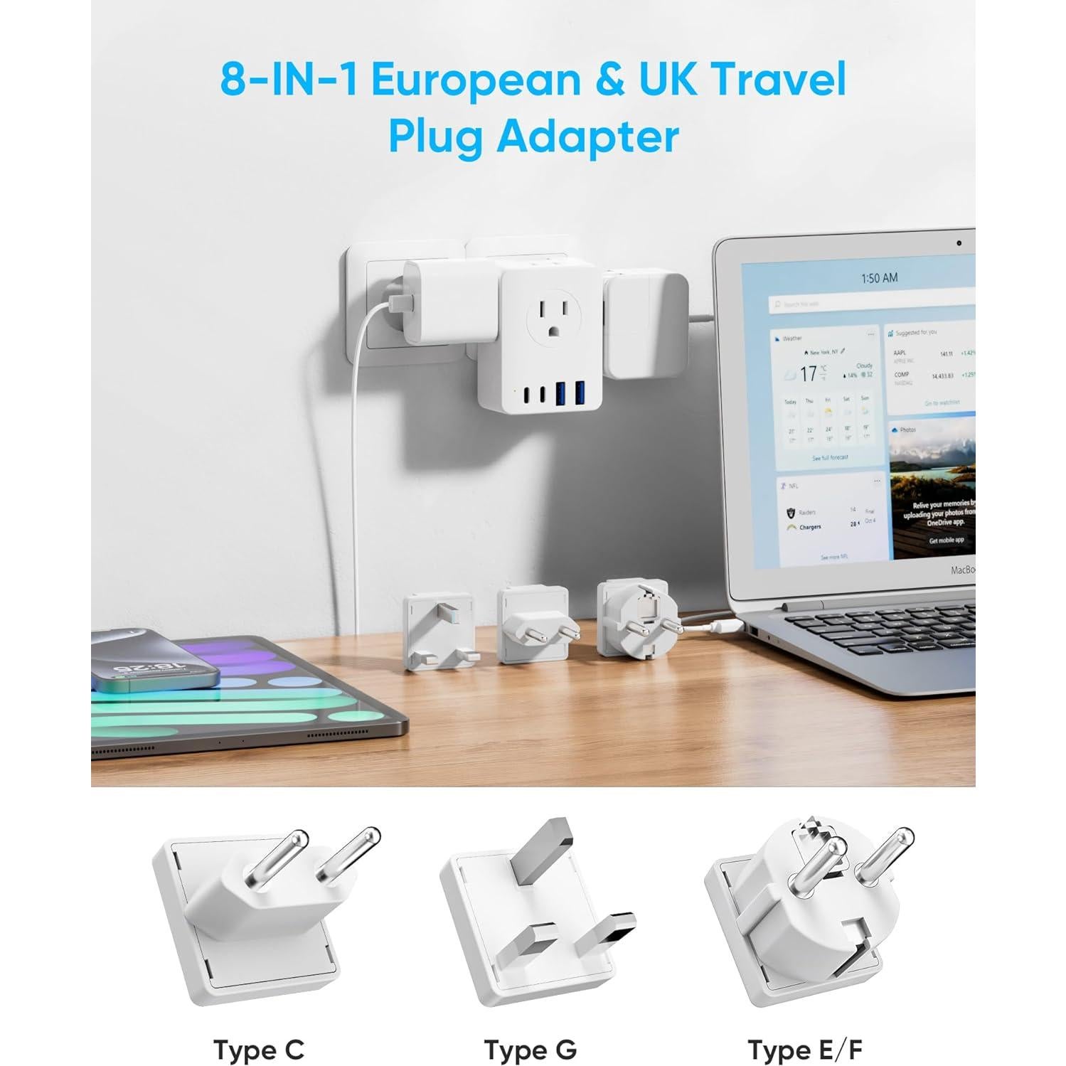 Kit Adaptador Enchufe Viaje Europeo Kakyanill 8 en 1 20W USB C