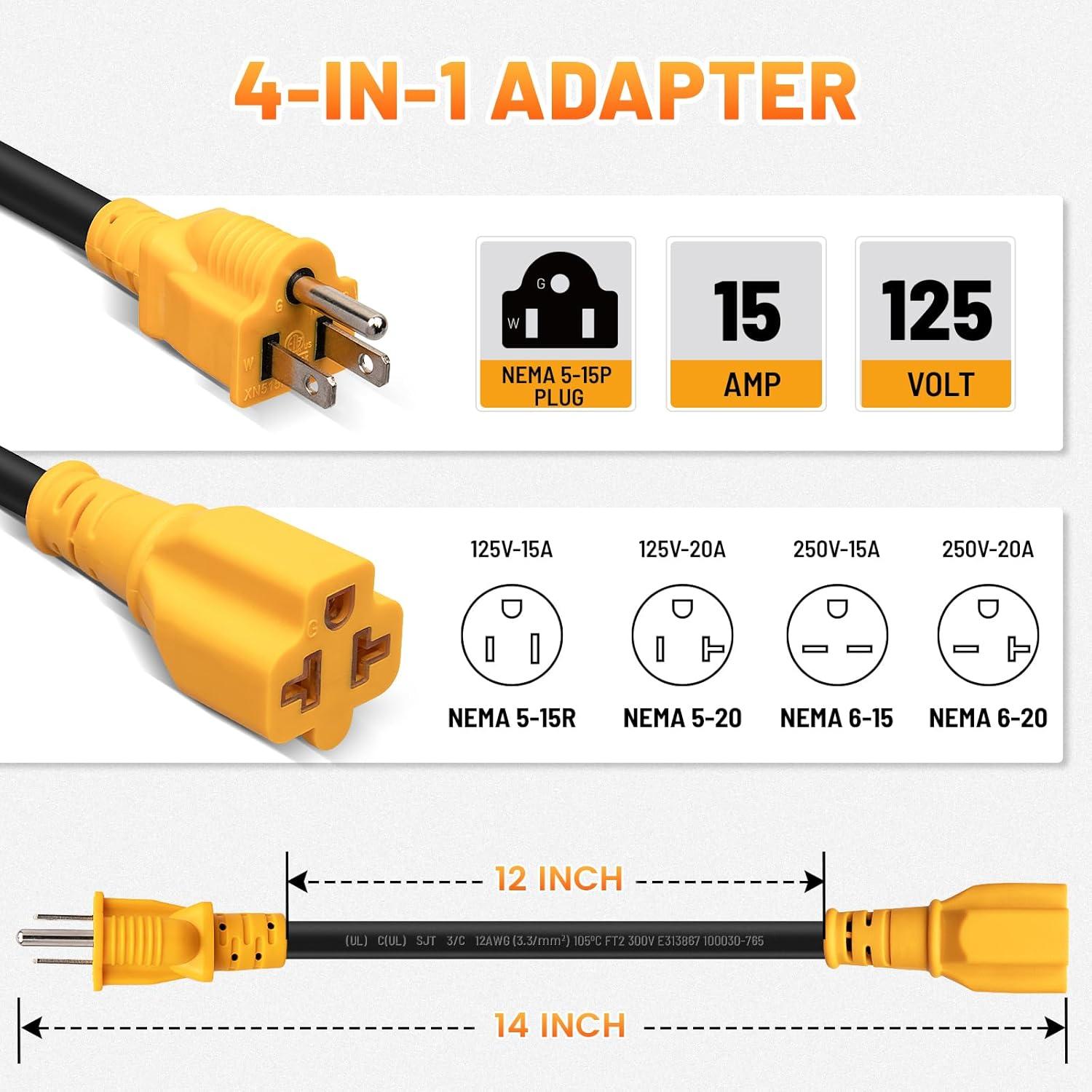 Adaptador de Poder MECMO 12AWG 0.3m 15A a 20A NEMA 5-15P