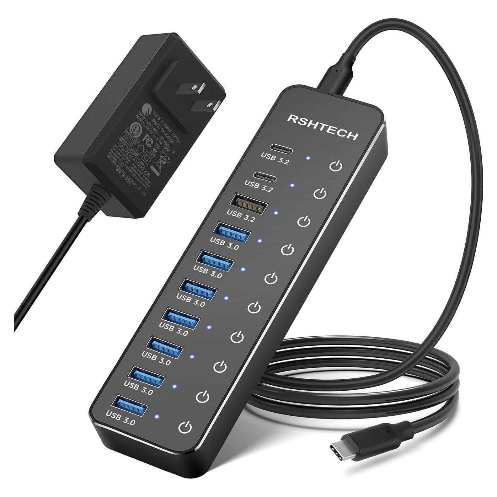 Hub USB 3.2 Alimentado RSHTECH 10 Puertos 60W 10Gbps