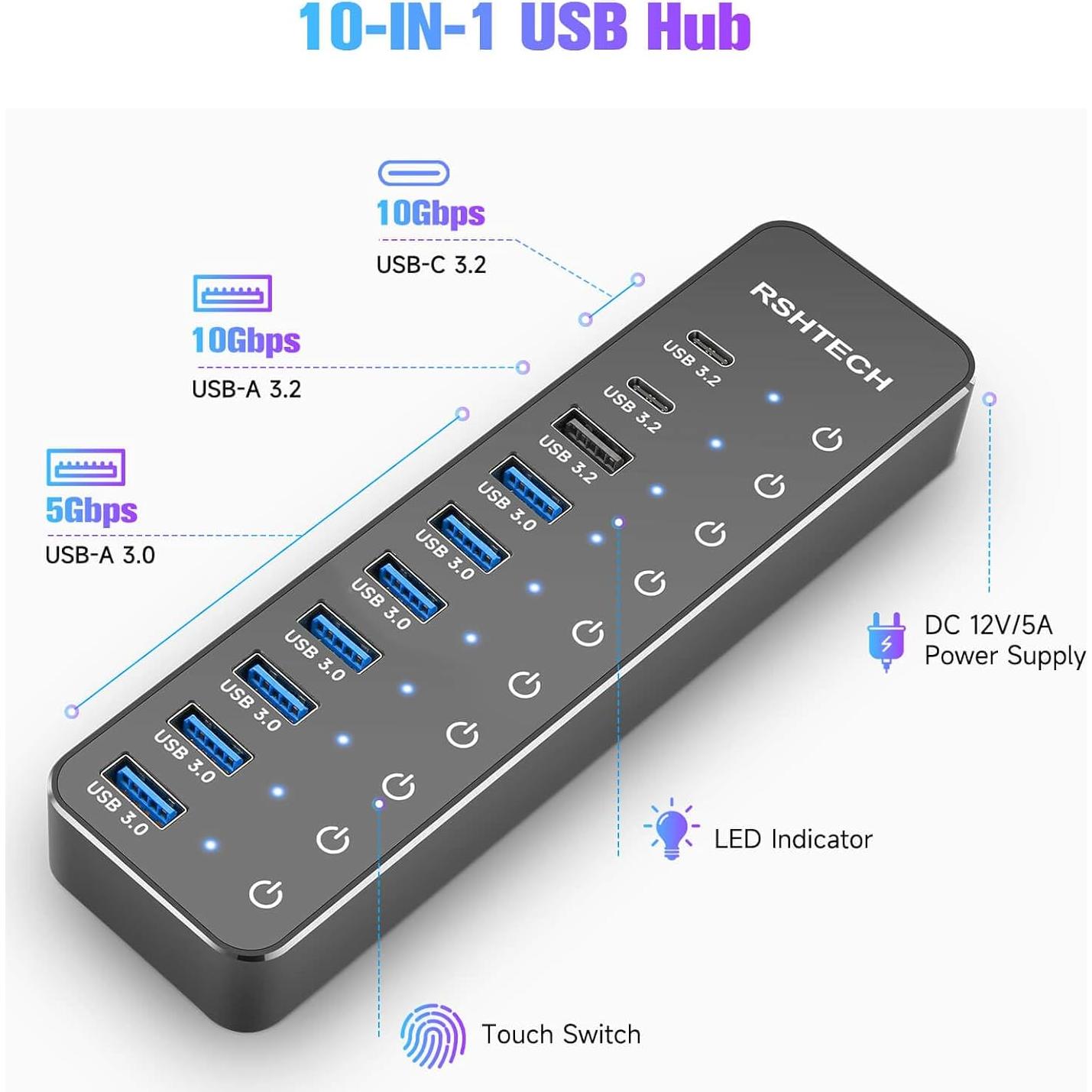 Hub USB 3.2 Alimentado RSHTECH 10 Puertos 60W 10Gbps