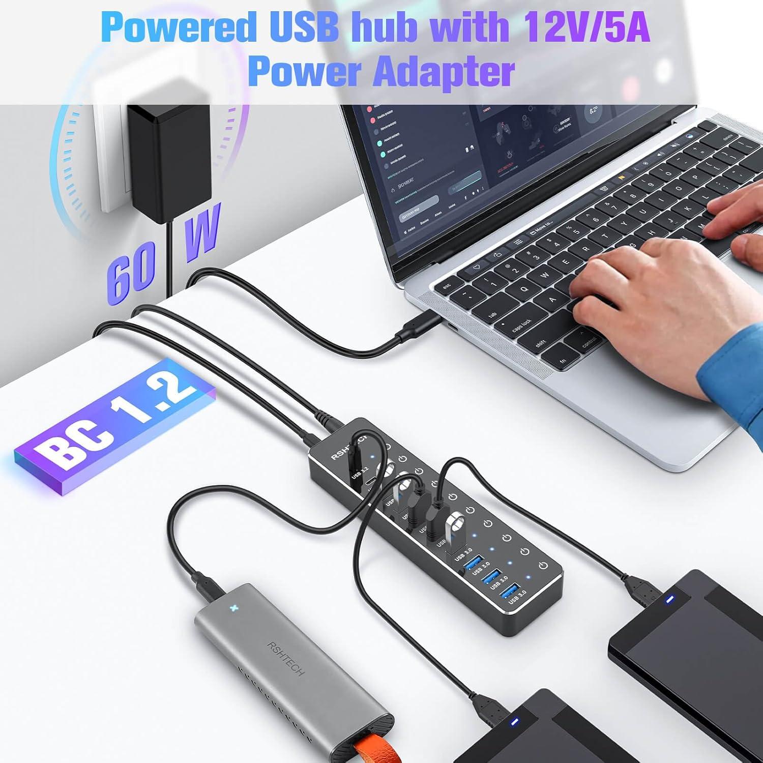 Hub USB 3.2 Alimentado RSHTECH 10 Puertos 60W 10Gbps