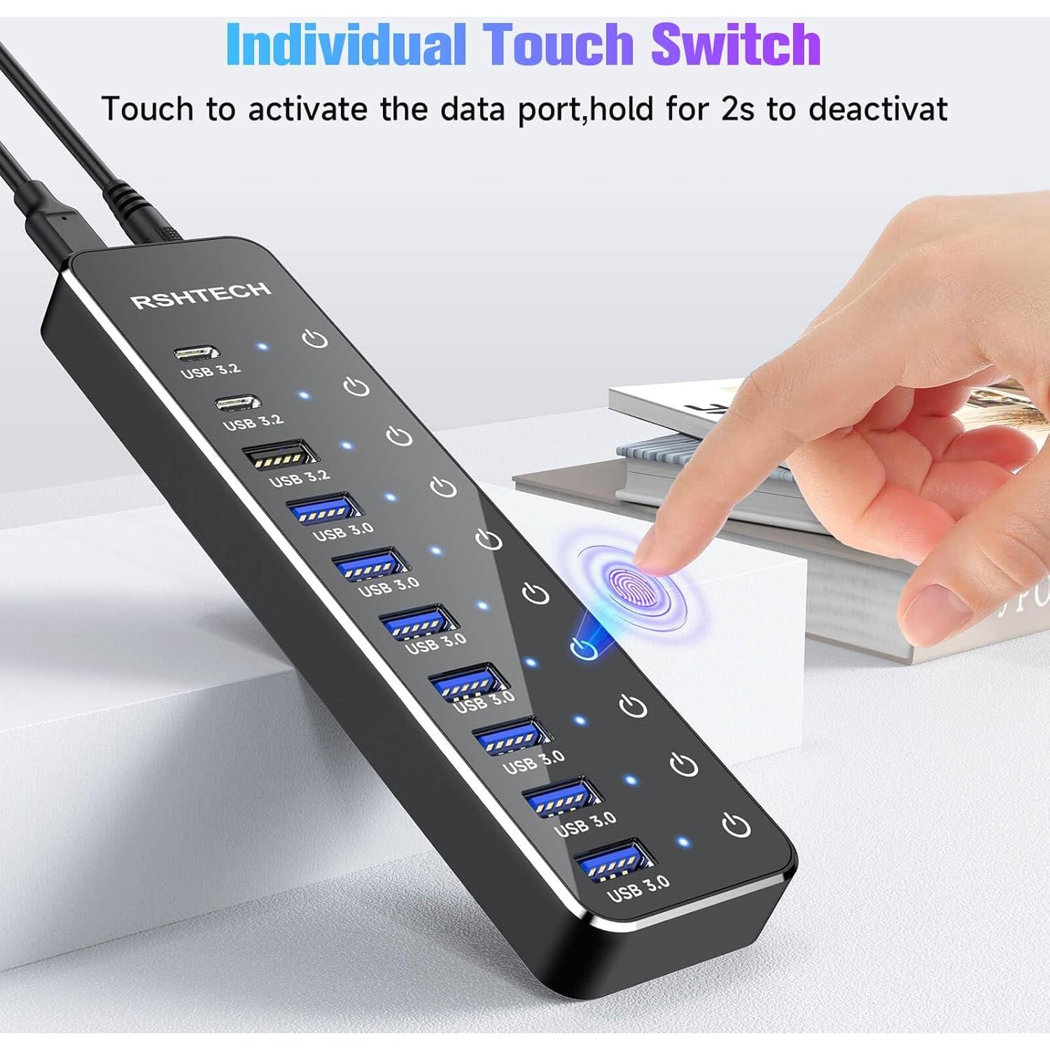 Hub USB 3.2 Alimentado RSHTECH 10 Puertos 60W 10Gbps