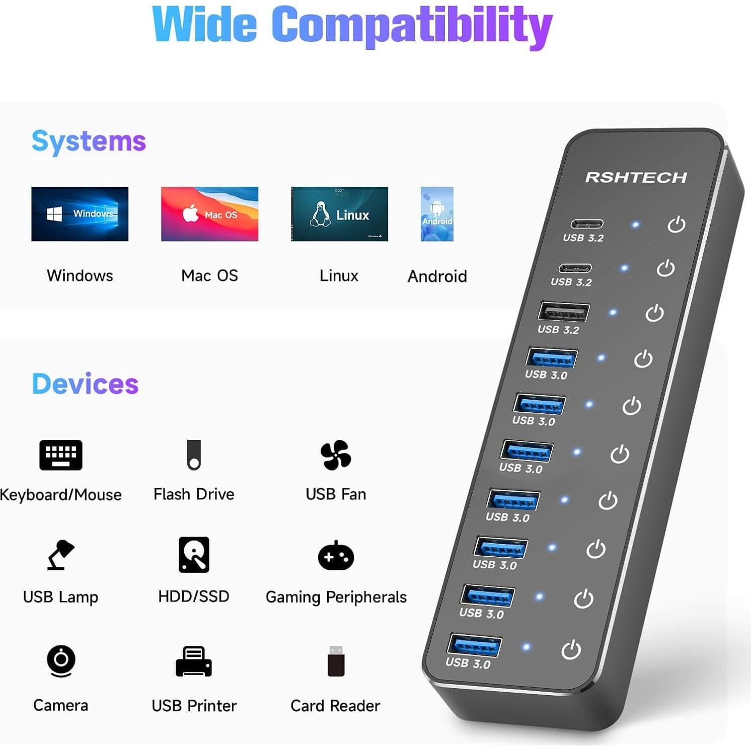 Hub USB 3.2 Alimentado RSHTECH 10 Puertos 60W 10Gbps