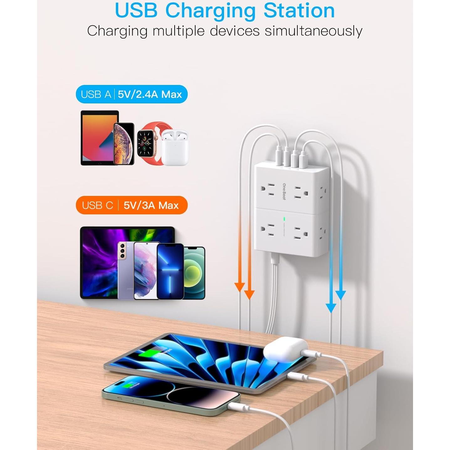 Regleta de Protección One Beat 6 Pies 8 Salidas 4 USB C