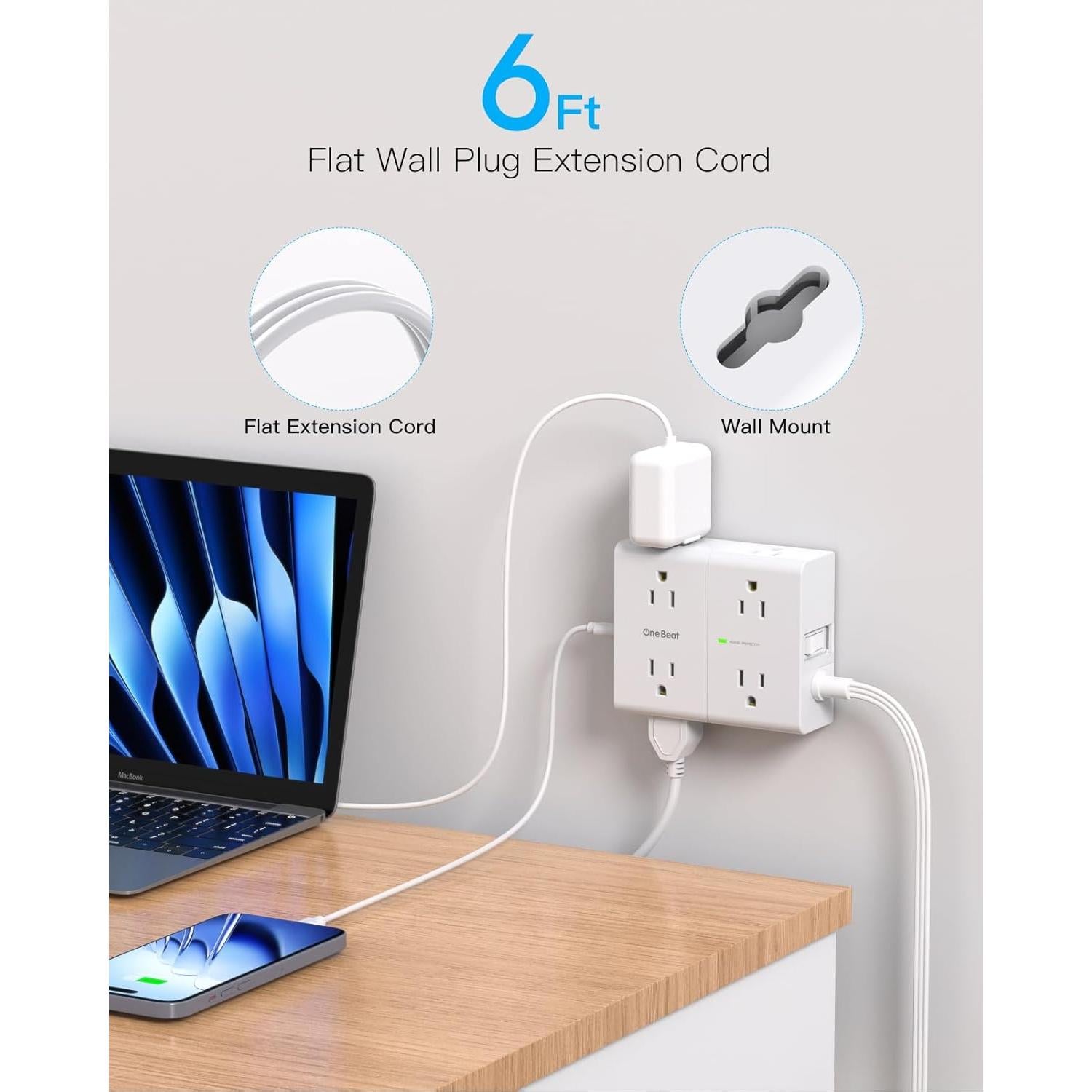 Regleta de Protección One Beat 6 Pies 8 Salidas 4 USB C