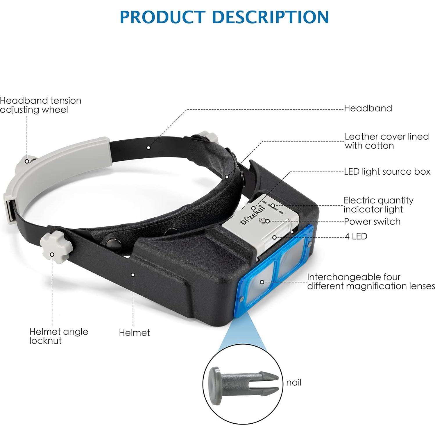Lupa de diadema Dilzekui con luz LED 1.5X a 3.5X