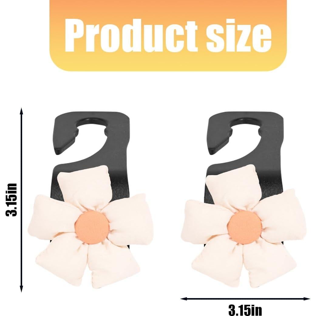 Car Seat Headrest Hooks, 2PCS Cute Flower Vehicle Seat Back Organizer Holder for Purses Bags Grocery, Automotive Interior Storage Hanger Decoration Accessories, Universal Fit (Black/Beige)