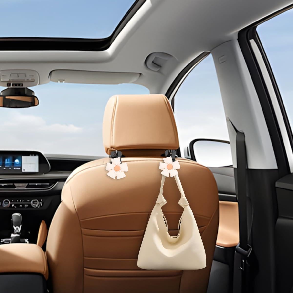 Car Seat Headrest Hooks, 2PCS Cute Flower Vehicle Seat Back Organizer Holder for Purses Bags Grocery, Automotive Interior Storage Hanger Decoration Accessories, Universal Fit (Black/Beige)