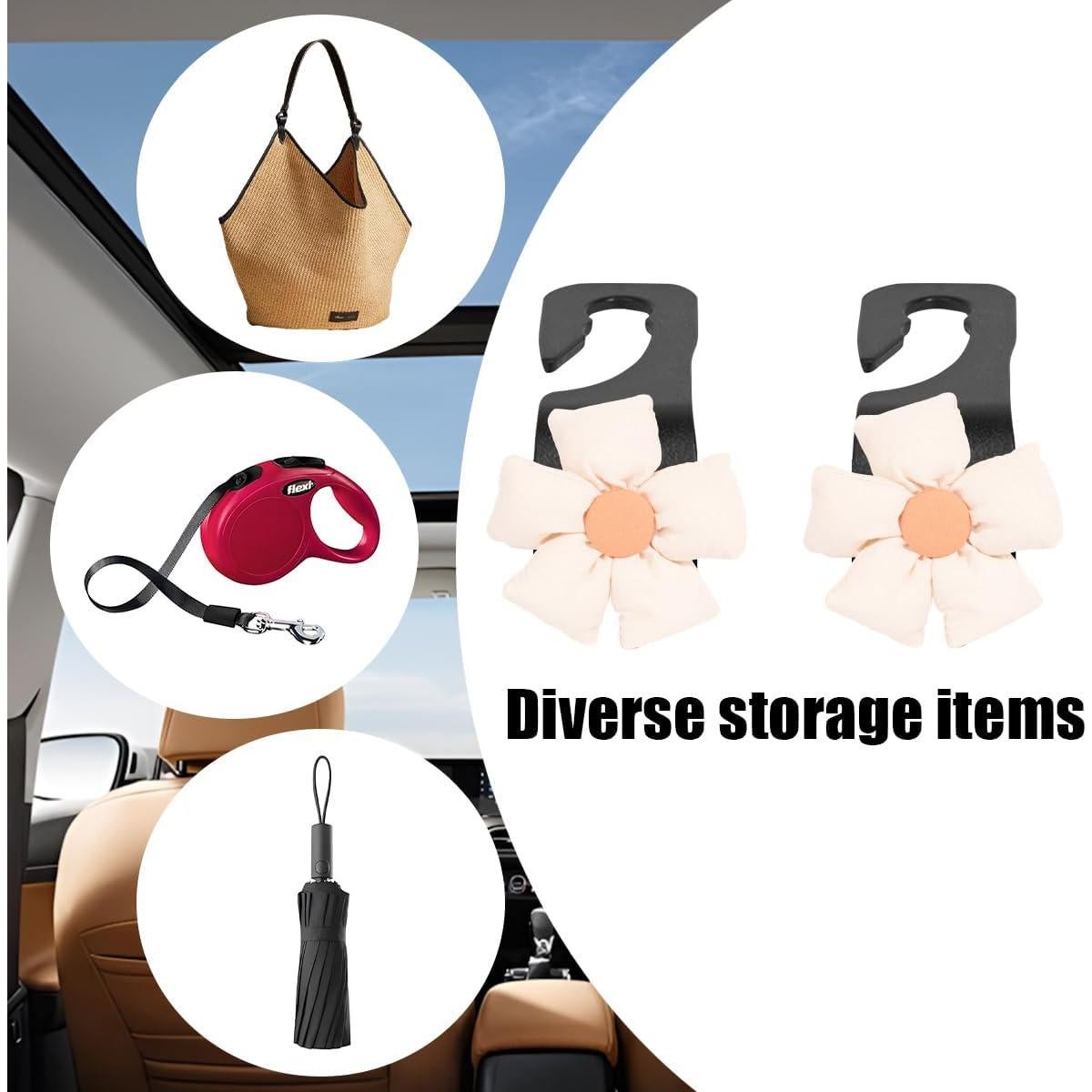 Car Seat Headrest Hooks, 2PCS Cute Flower Vehicle Seat Back Organizer Holder for Purses Bags Grocery, Automotive Interior Storage Hanger Decoration Accessories, Universal Fit (Black/Beige)