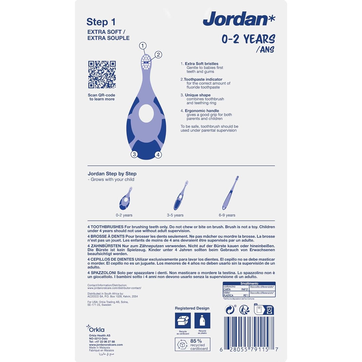 Cepillo de dientes para bebés Jordan Paso 1 - 0 a 2 años, 4 unidades