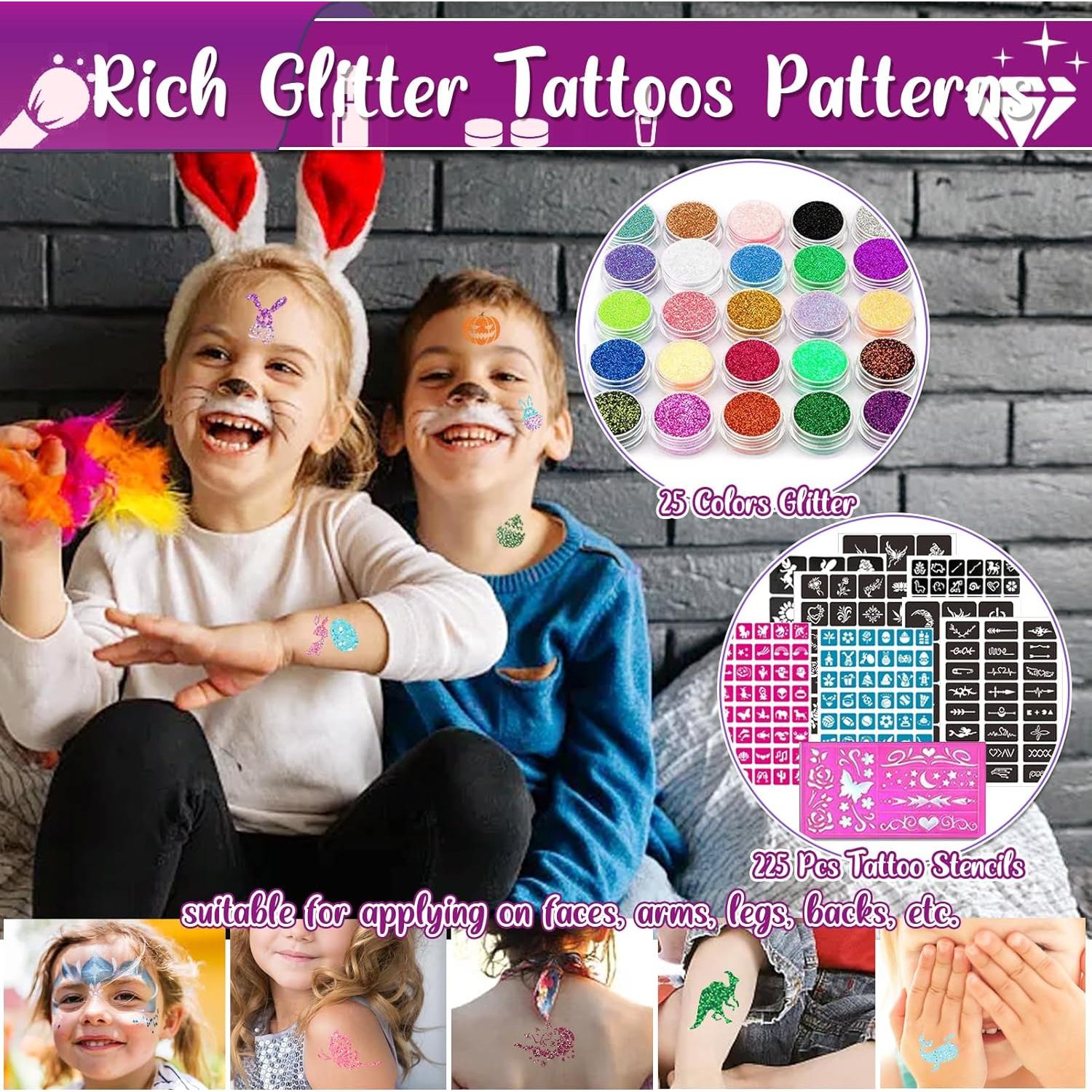 Kit de Tatuajes Brillantes TEUVO para Niños - 25 Colores y 225 Plantillas